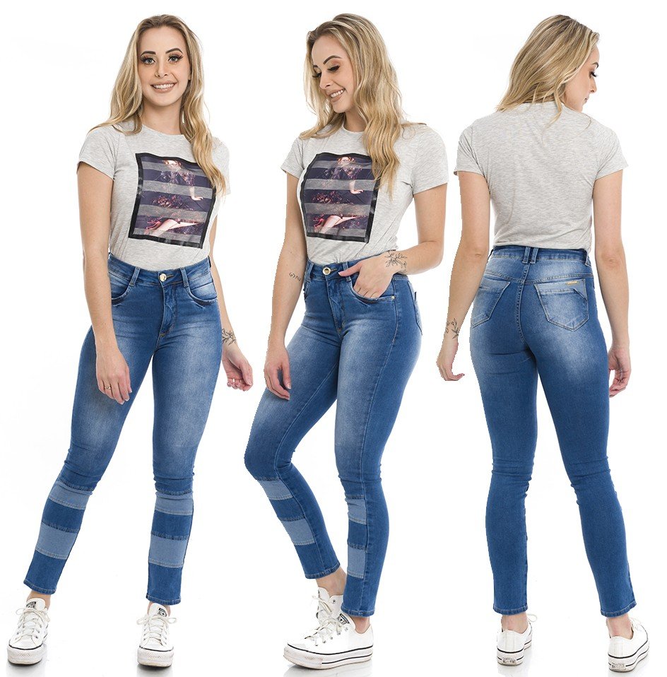 1212020  Calça Jeans Feminina Skinny com Recortes Frontais (Completa)